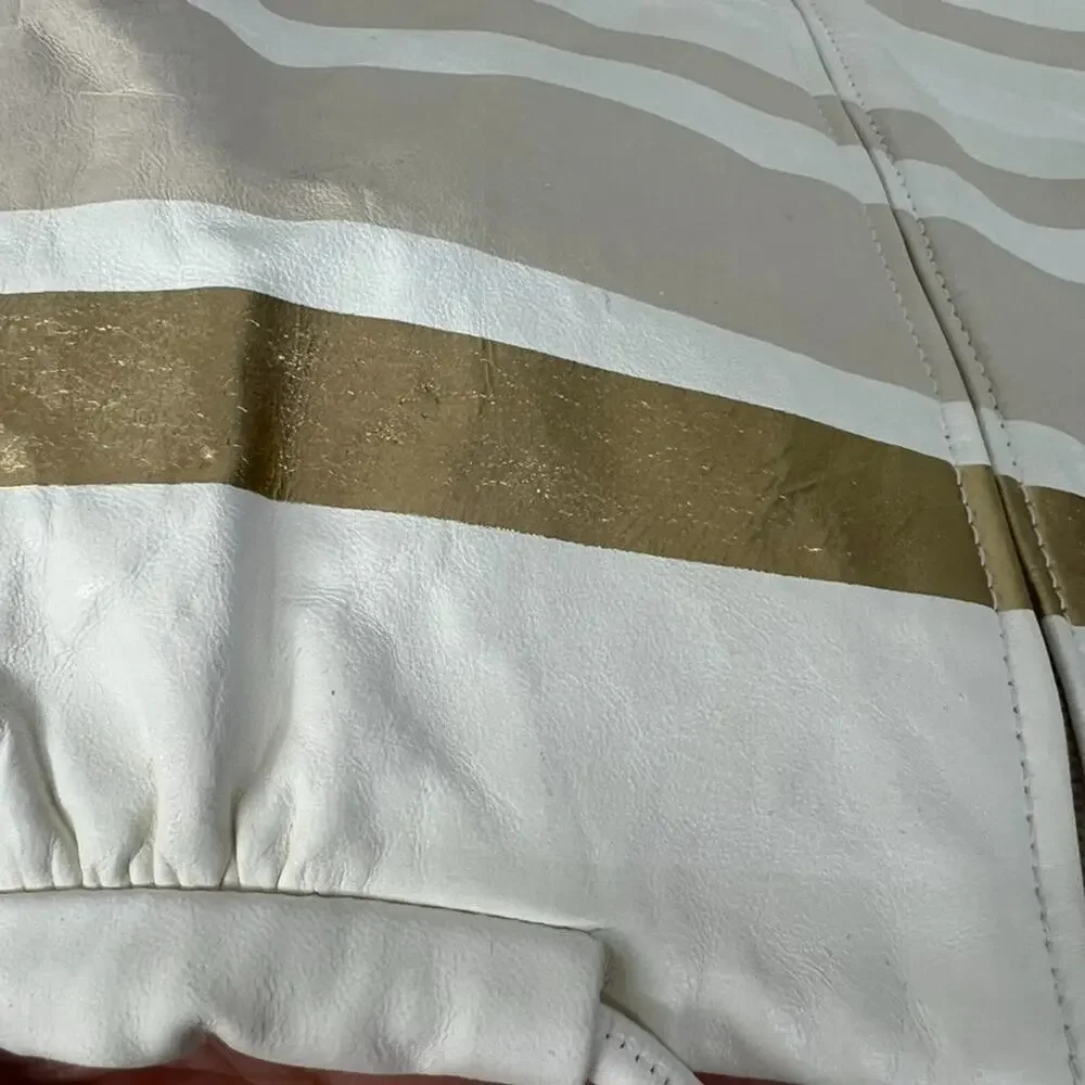 Chanel Lambskin Leather Jacket Women's Size 36 Beige & Gold Stripe Detail Zip